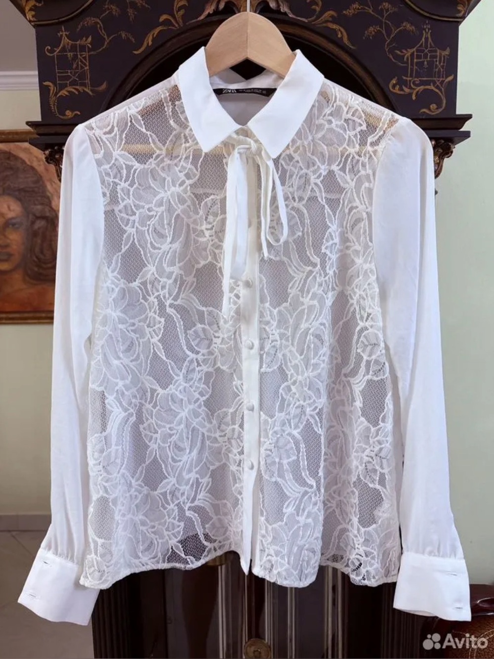 Zara White Sheer Lace Button-Front Blouse with Tie Neck